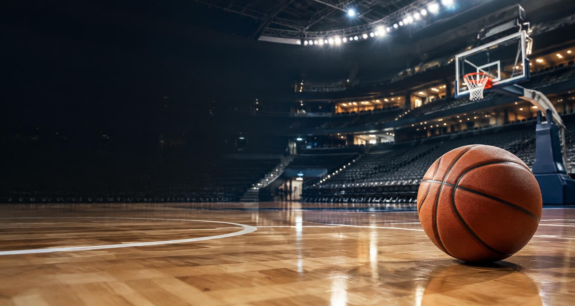 Basketball stadium with a basketball on the hardwood court